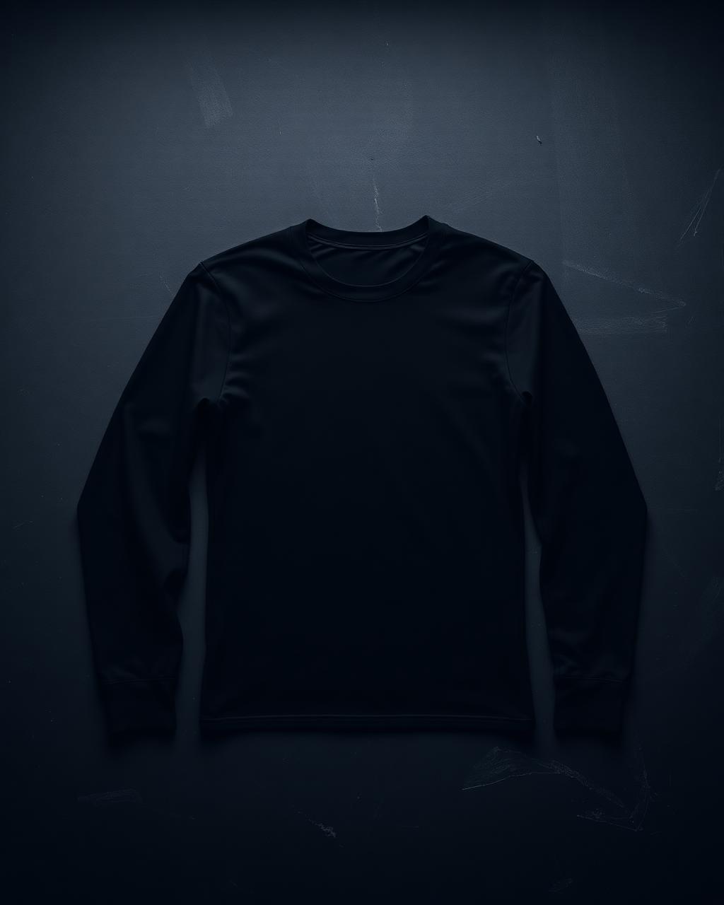 Plain black long sleeve athletic shirt on a dark studio surface