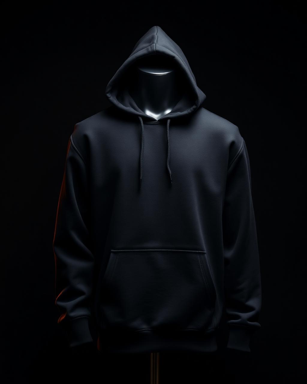 Plain black pullover hoodie on a dark studio background