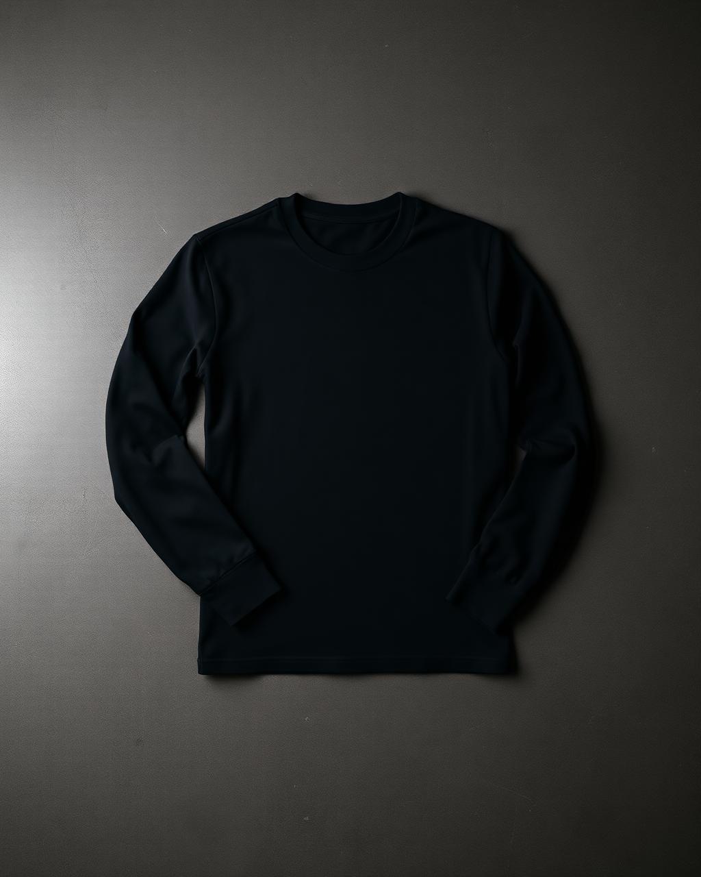 Plain black long sleeve shirt on a dark studio surface