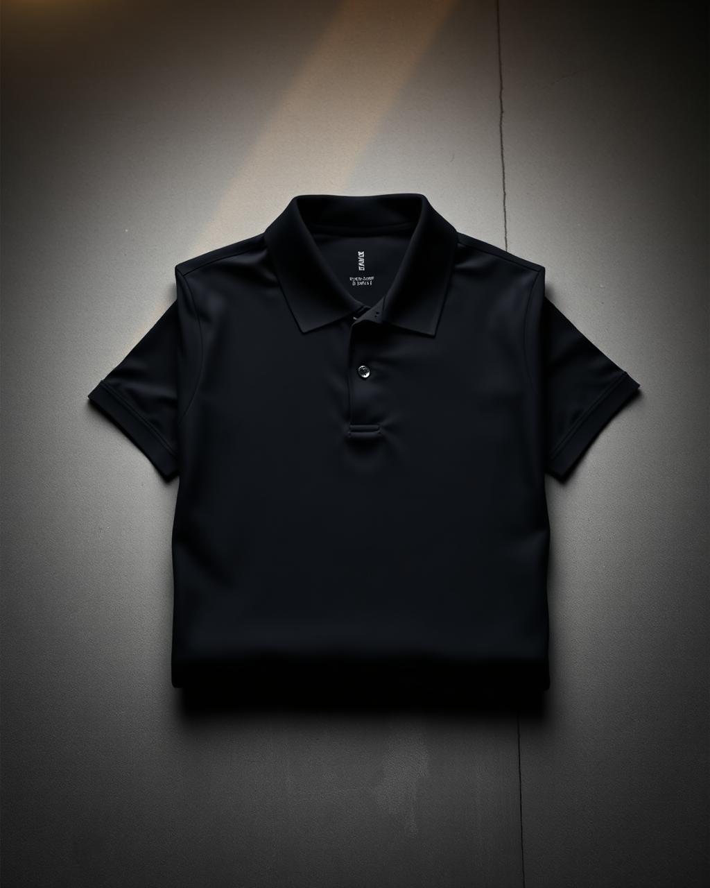 Plain black collared polo shirt on a dark studio surface