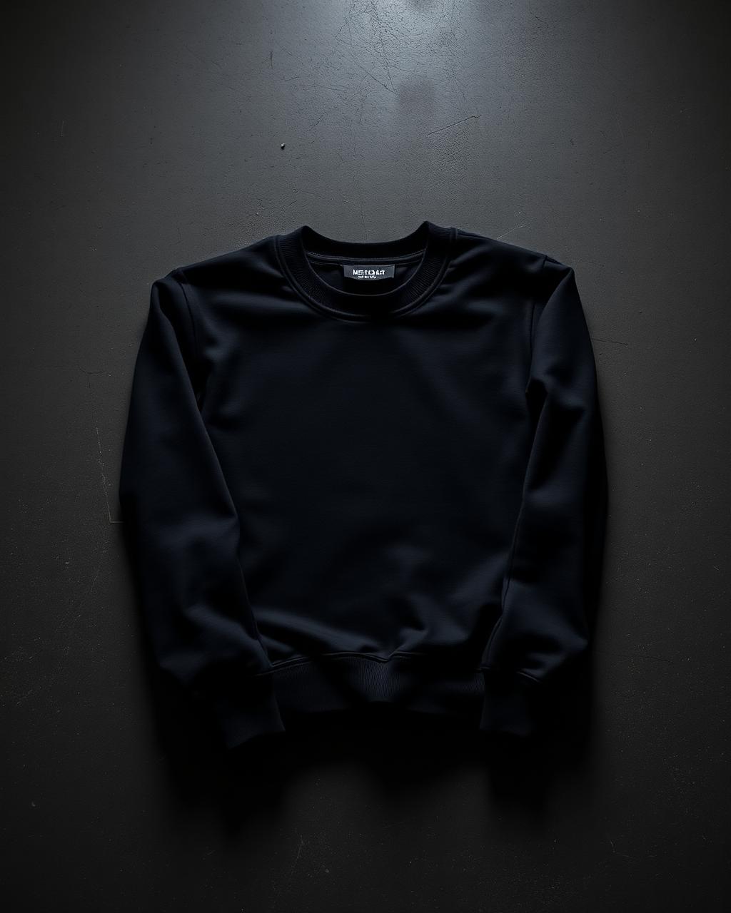 Plain black crewneck sweatshirt on a dark studio surface