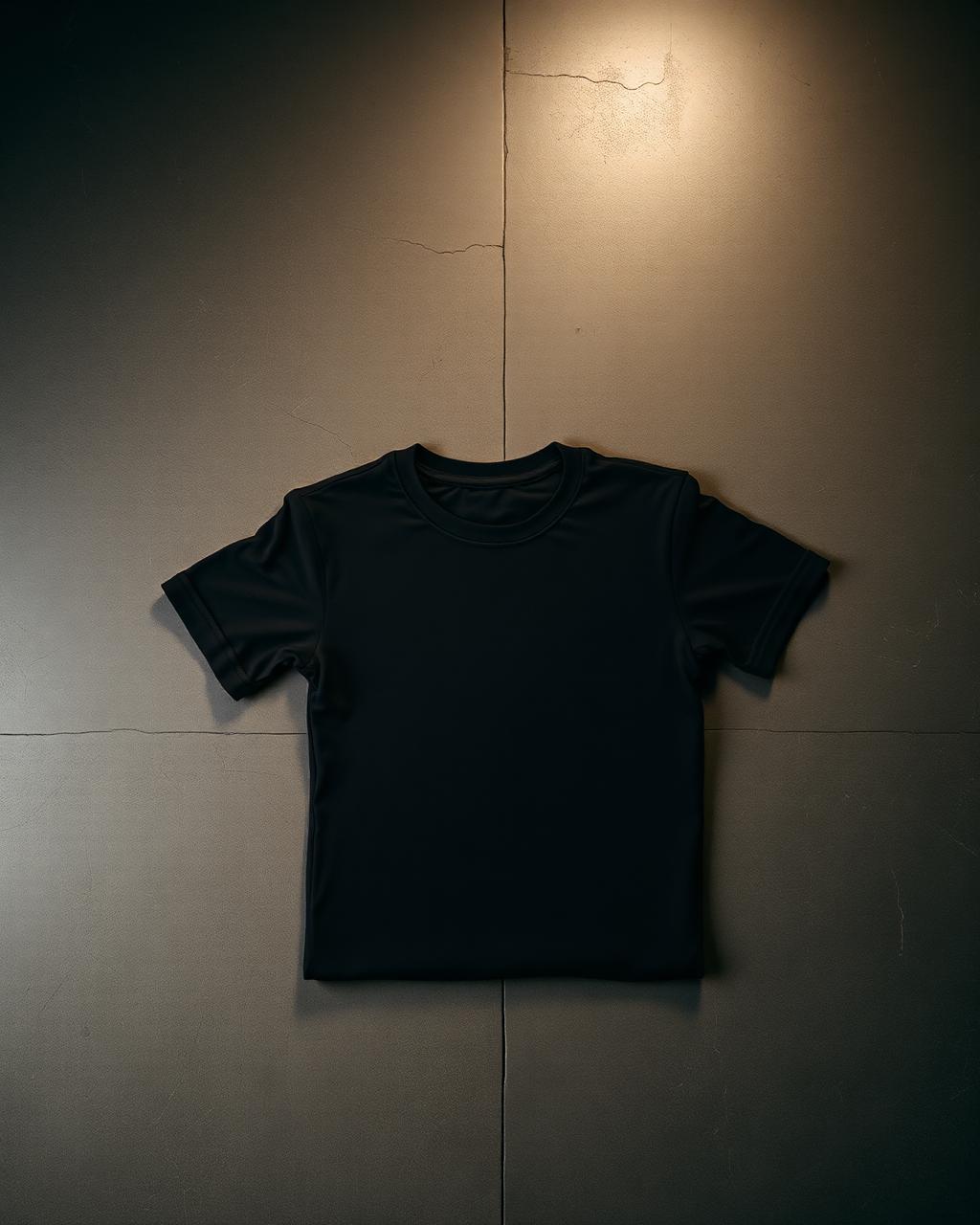 Plain black t-shirt on a dark studio surface