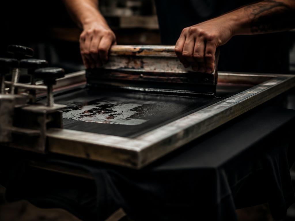 Screen printing press pulling ink onto a black tee